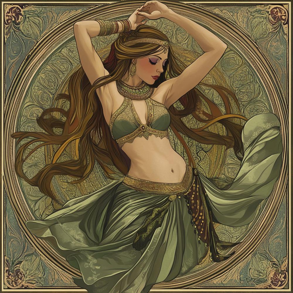 Art Nouveau Green I Vintage Red - Belly Dance Art Download
