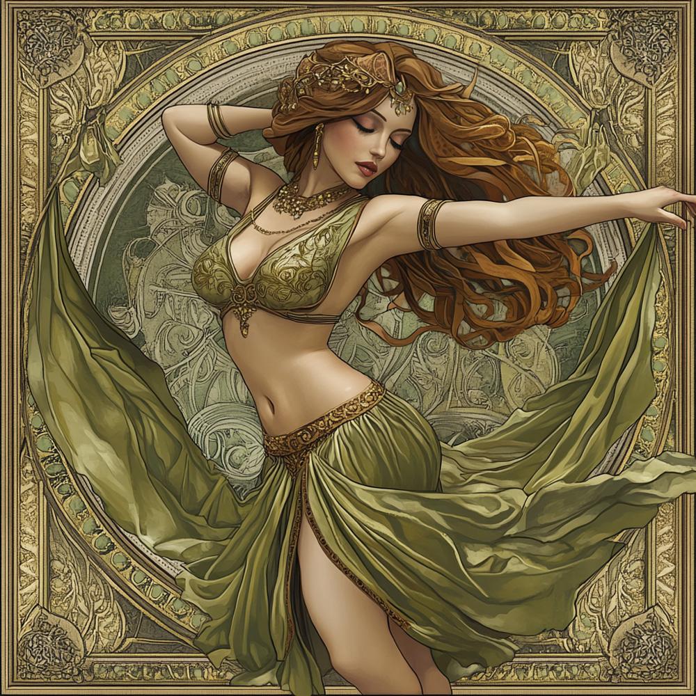 Art Nouveau Green II Vintage Red - Belly Dance Art Download