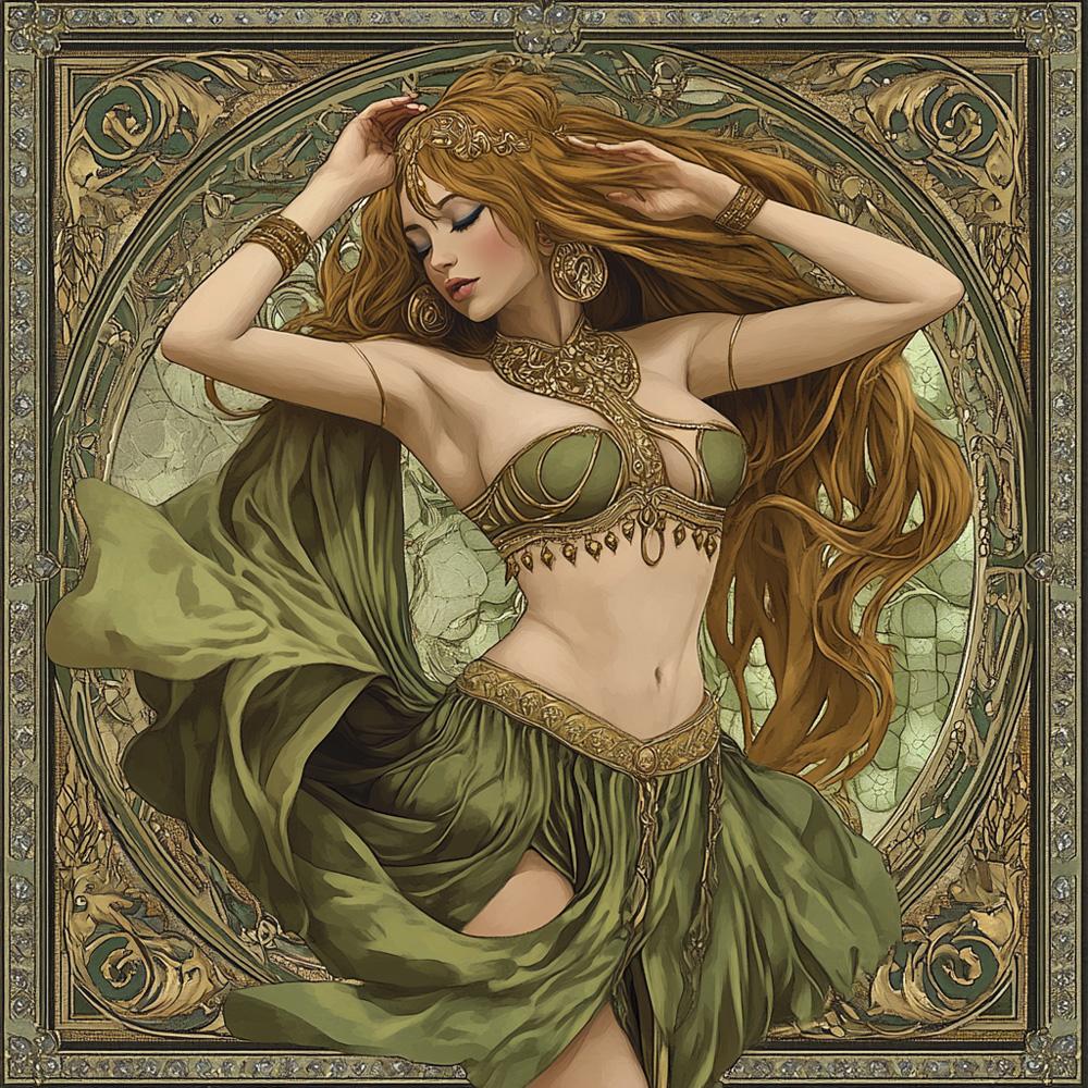 Art Nouveau Green III Vintage Red - Belly Dance Art Download