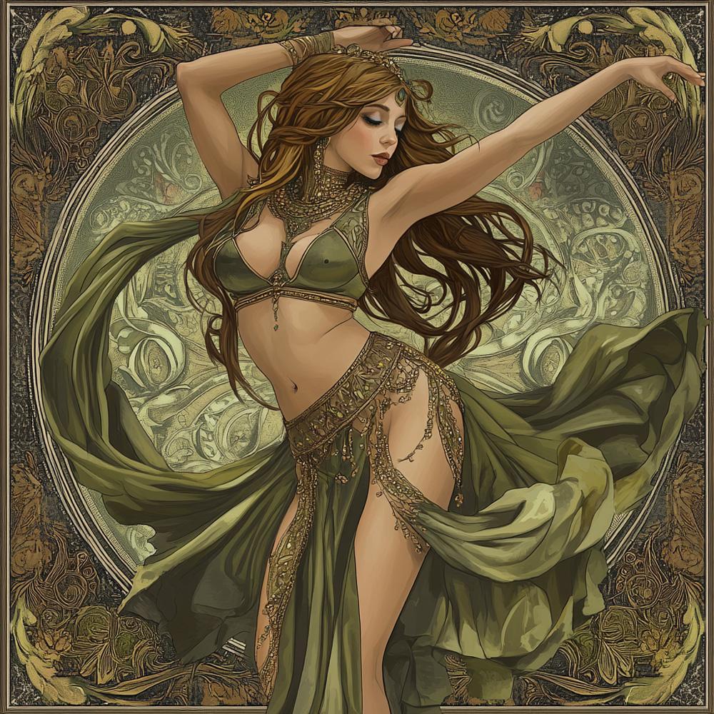 Art Nouveau Green V Vintage Red - Belly Dance Art Download