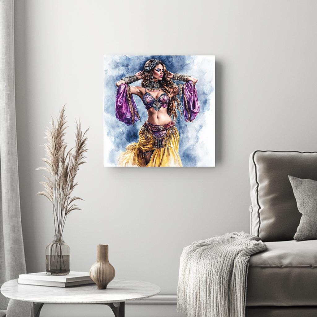 Purple Yellow in Motion III Belly Dance Canvas Art 16 in x 16 in