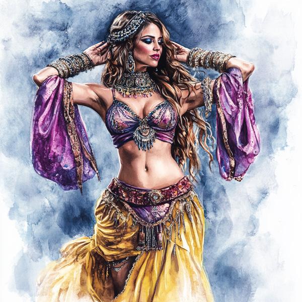 Purple Yellow in Motion III Watercolor Purple - Belly Dance Art Download