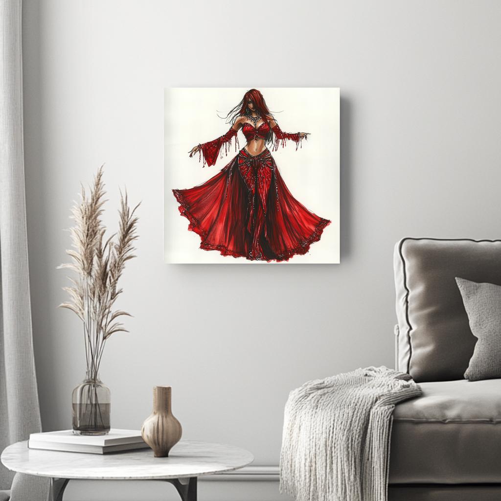Striking Red Costume Sketch I Belly Dance Canvas Art 16 in x 16 in