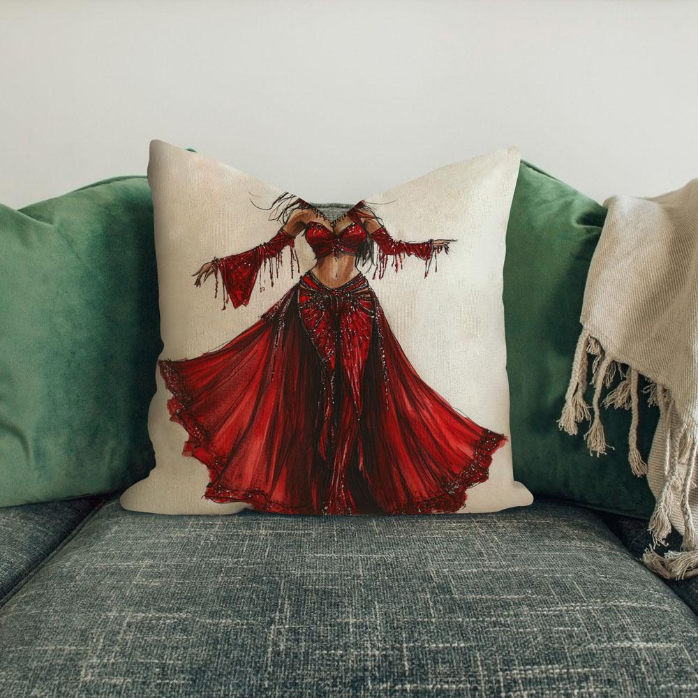 Striking Red Costume Sketch I Belly Dance Throw Pillow 18 in x 18 in