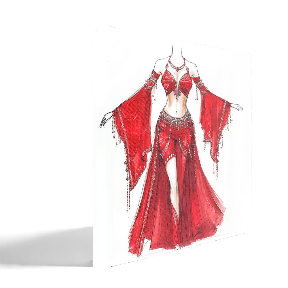 Striking Red Costume Sketch II Belly Dance Canvas Art 16 in x 16 in