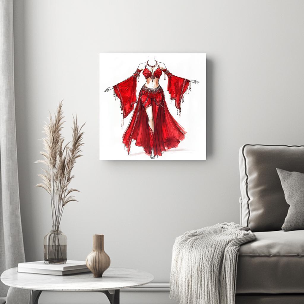 Striking Red Costume Sketch II Belly Dance Canvas Art 16 in x 16 in