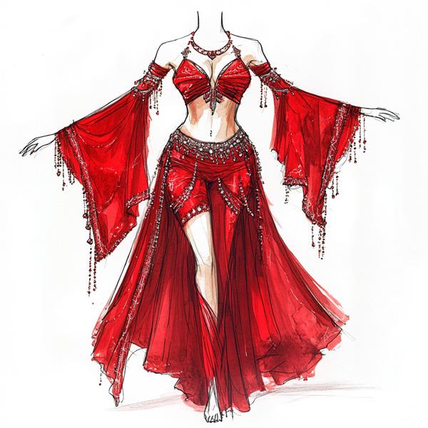 Striking Red Costume Sketch II Watercolor Purple - Belly Dance Art Download