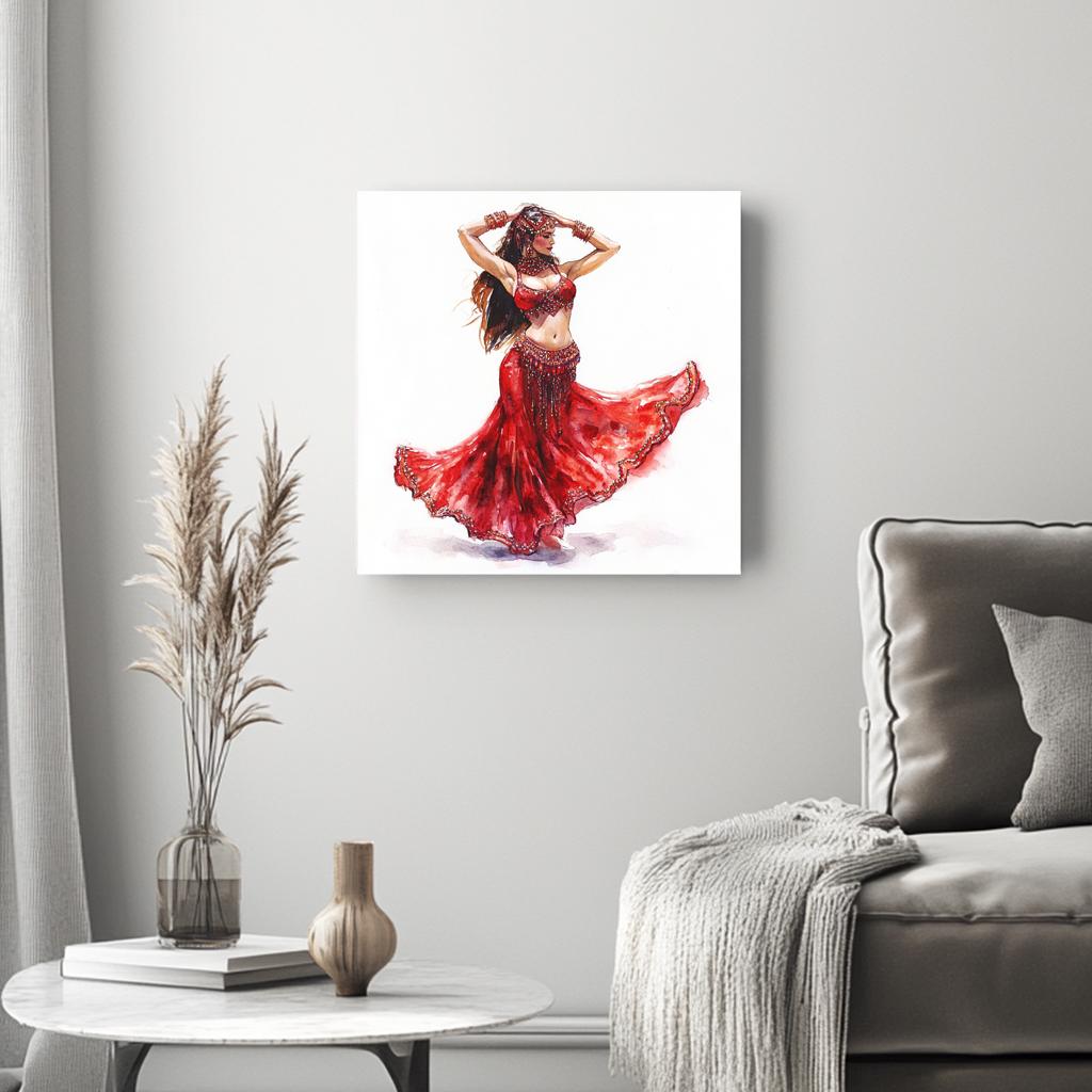 Striking Red Costume Sketch III Belly Dance Canvas Art 16 in x 16 in