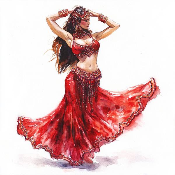 Striking Red Costume Sketch III Watercolor Purple - Belly Dance Art Download