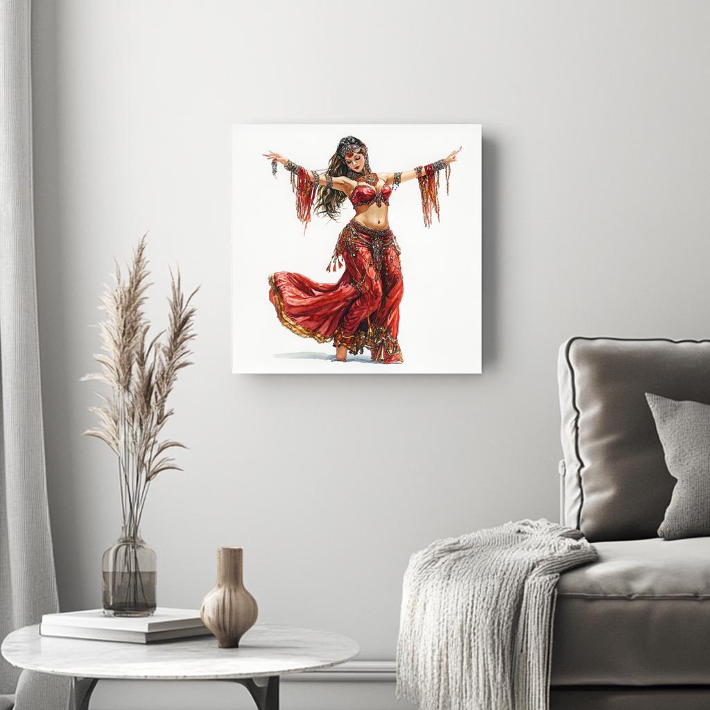 Striking Red Costume Sketch IV Belly Dance Canvas Art 16 in x 16 in