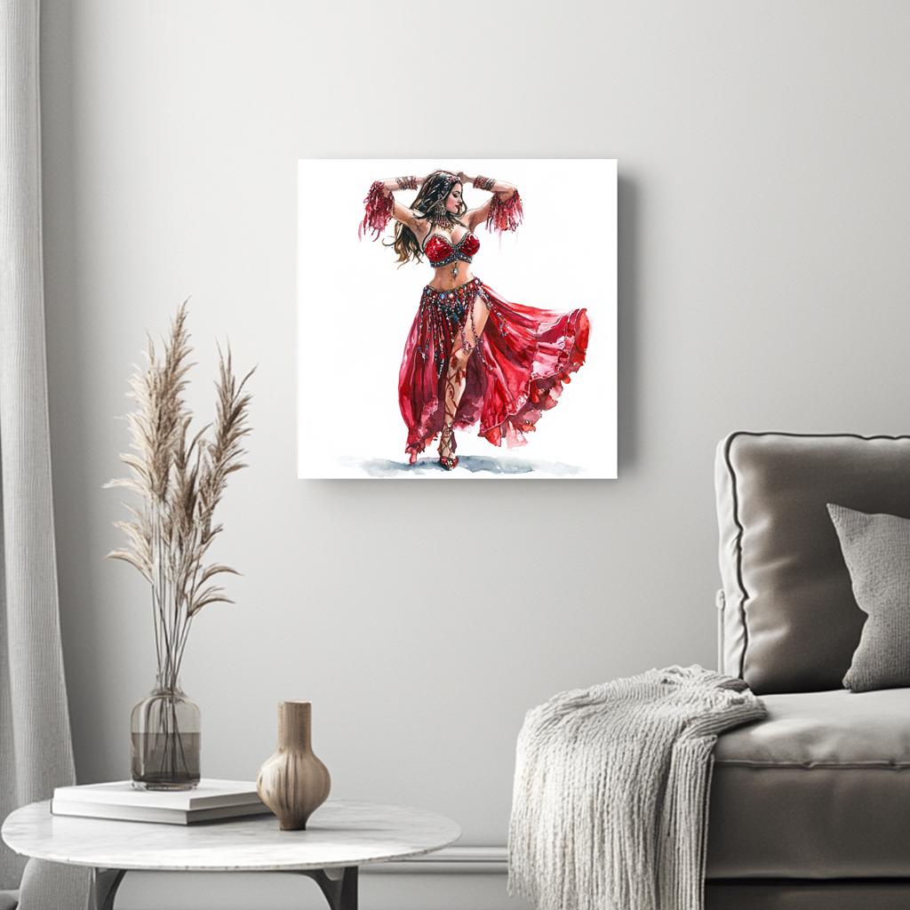 Striking Red Costume Sketch V Belly Dance Canvas Art 16 in x 16 in