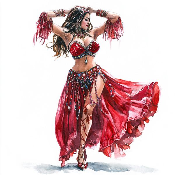 Striking Red Costume Sketch V Watercolor Purple - Belly Dance Art Download