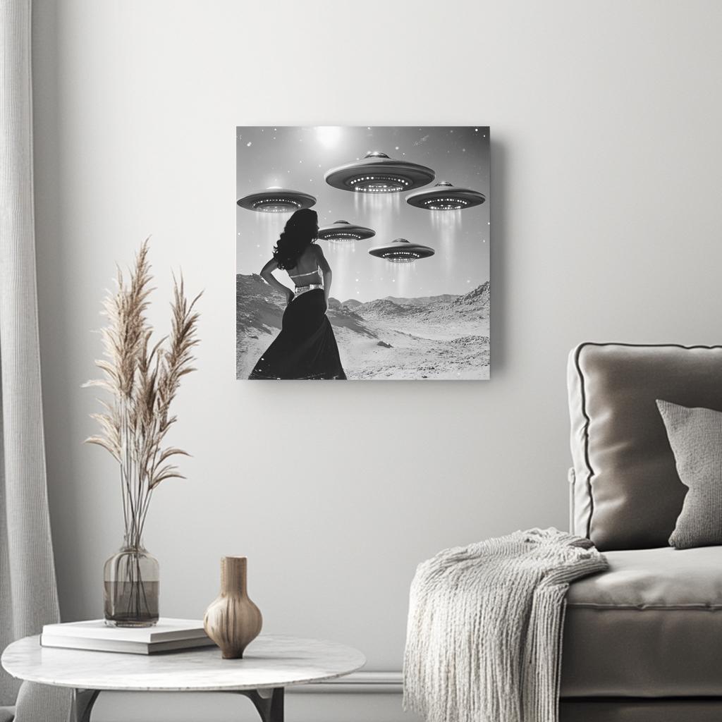 Vintage Glam UFO Abduction I Belly Dance Canvas Art 16 in x 16 in