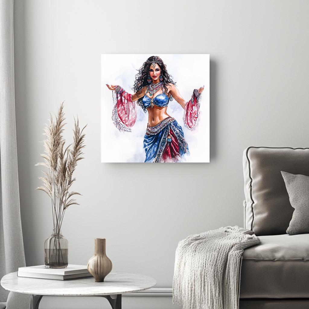 Blue Performance Watercolor I Belly Dance Canvas Art 16 in x 16 in