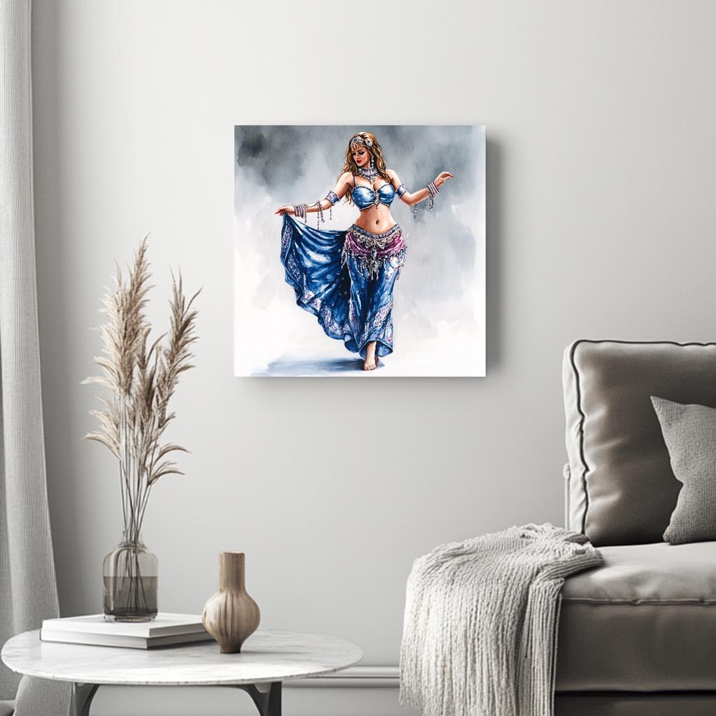 Blue Performance Watercolor II Belly Dance Canvas Art 16 in x 16 in